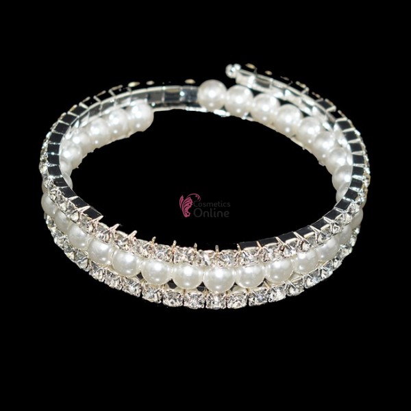 Bratara eleganta de mana BRM005DD Argintie cu cristale si perle pentru mireasa 